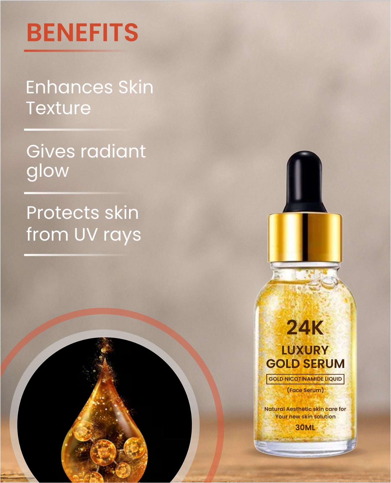 24K Gold Face Serum improves Dullness Reduces fine lines (30 ml)